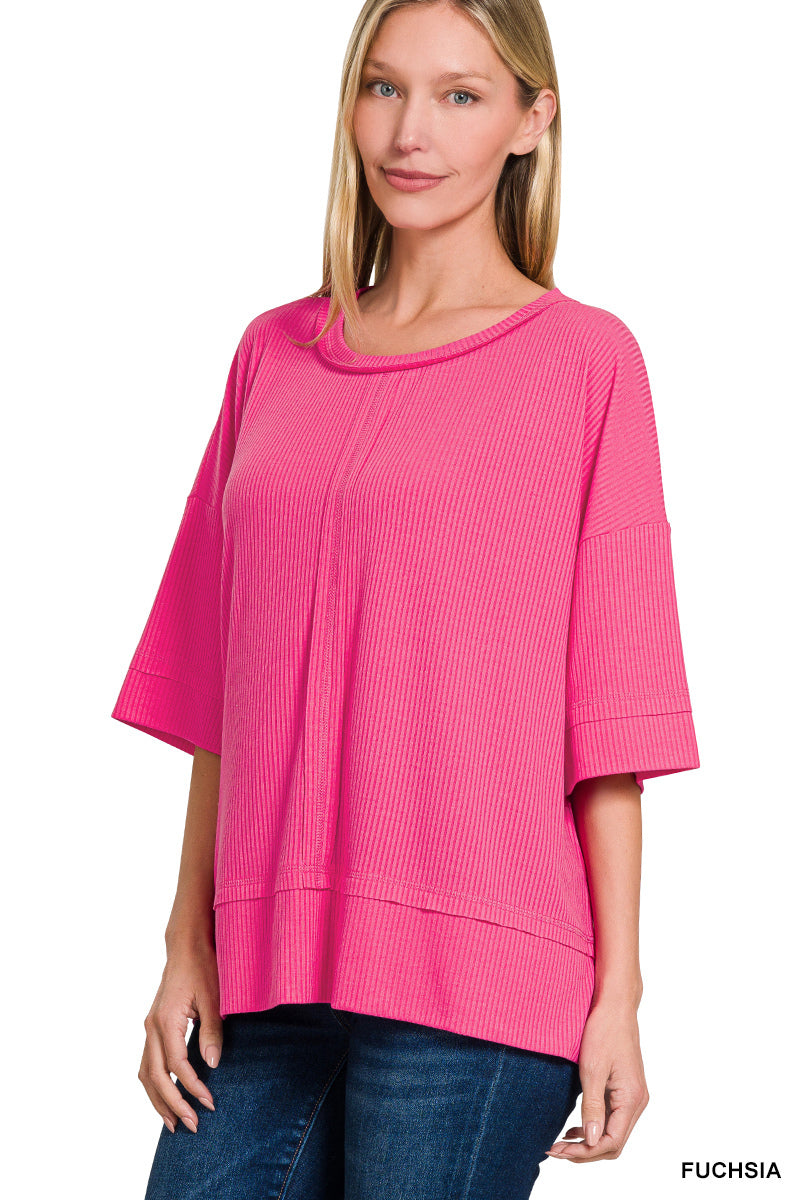 Ribbed Boat Neck 3/4 Sleeve Top